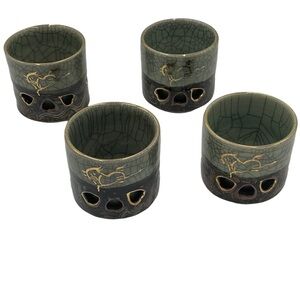 Otagiri Somayaki Japanese Tea Cup Set Of 4 W/Crackle Glaze, Gold Horses & Hearts